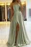 Simple A Line Sage Green Long Formal Prom Dresses With Slit Formal Evening Party Dresses