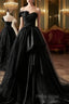 Simple A-Line Satin Strapless Black Long Formal Prom Dresses