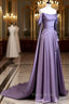 Simple A Line Strapless Sleeveless Satin Lilac Formal Prom Dresses Long Formal Prom Dresses