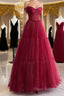 Simple A-Line Tulle Burgundy Long Formal Prom Dresses
