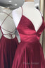 Simple A Line V Neck Backless Burgundy Long Formal Prom Dresses, Backless Burgundy Formal Graduation Evening Dresses