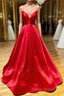 Simple A Line V Neck Backless Red Long Formal Prom Dress, Backless Red Fromal Dress, Red Evening Dress