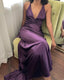 Simple A-Line V Neckline Grape Satin Long Formal Prom Dresses Formal Evening Dresses
