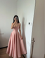 Simple And Elegant Pink A-Line Square Neck Halter Satin Formal Prom Dresses