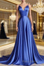 Simple blue v neck satin long Formal Prom dress blue evening dress