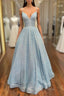 Simple Blue V Neck Sequin Long Formal Prom Dresses,A Line Blue Formal Dresses