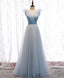 Simple Blue V Neck Tulle Long Prom Dress, Blue Formal Party Dresses