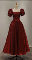Simple Burgundy Prom Dress Square Neck Tea Length Graduation Dresses