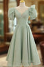 Simple Green V Neck Satin Short Formal Prom Dresses, Green Evening Dresses