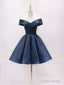 Simple Off Shoulder Satin Dark Blue Short Prom Dress, Blue Homecoming Dress