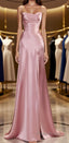 Simple Pink Spaghetti Straps Long Formal Prom Dresses with Split
