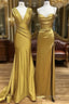 Simple Satin Gold Long Formal Prom Dresses, Gold Satin Long Formal Dresses