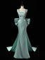 Simple Satin Green Long Formal Prom Dresses, Green Long Formal Dresses With Bow Tie