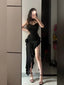 Simple Sheath Spaghetti Straps Black Satin Vacation Beach Dresses Long Birthday Dresses