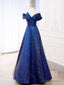 Simple Tulle Satin Dark Blue Long Prom Dress, Blue Formal Evening Dress