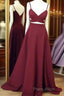 Simple V Neck Burgundy Long Formal Prom Dresses, Burgundy Formal Dresses