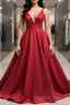 Simple v neck burgundy satin long Formal Prom dress burgundy formal dress