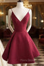 Simple V Neck Burgundy Short Formal Prom Dresses, Burgundy Homecoming Dresses