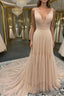 Simple v neck champagne tulle long Formal Prom dress, champagne evening dress