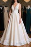 Simple V Neck Ivory Satin Long Formal Prom Dress, Open Back Ivory Formal Evening Dress, Ivory Wedding Dress