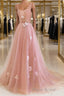 Simple v neck pink tulle long Formal Prom dress, pink evening dress
