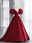 Simple V Neck Puffy Sleeves Satin Long Prom Dress, Satin Evening Dress