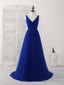 Simple V Neck Royal Blue Tulle Long Prom Dress Blue Evening Dress
