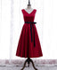 Simple V Neck Satin Burgundy Short Prom Dress, Burgundy Bridesmaid Dress