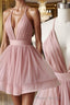 Simple v neck tulle pink short Formal Prom dress pink bridesmaid dress