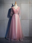 Simple V Neck Tulle Sequin Long Prom Dress, A line Tulle Evening Dresses
