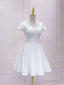 Simple White V Neck Lace Short Prom Dress, White Bridesmaid Dress