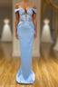 Sky Blue Mermaid V-Neck Off-The-Shoulder Formal Prom Dress