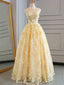 Sleeveless Pale Yellow Lace Sweetheart A-line Floor-length Formal Prom Dresses