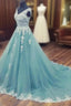 Sleeveless V Neck Chapel Train A-line/Princess Tulle Formal Prom Dresses With Hem Appliqued Lace