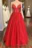 Spaghetti Straps A-line Red Shiny Formal Prom Gown,Long Formal Prom Dresses