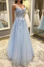 Spaghetti Straps Blue Lace Formal Prom Dresses, Blue Lace Long Formal Evening Dresses