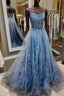 Spaghetti Straps Blue Lace Formal Prom Dresses, Blue Lace Long Formal Graduation Dresses