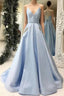 Spaghetti Straps Cross Back Floor-Length Stain Formal Prom Dresses With Beading
