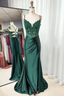 Spaghetti Straps Green Mermaid Formal Prom Dresses With Slit Satin Formal Dresses