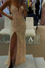 Spaghetti Straps Mermaid Formal Prom Dresses, Sparkly Sequins Slit Long Formal Gown