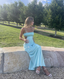 Spaghetti Straps Sheath Light Blue Formal Prom Dresses Formal Satin Party Dresses