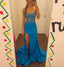 Blue Spaghetti Strap Gorgeous Exquisite Beaded Bodycon Long Satin High Slit Ball Gown Formal Evening Dresses
