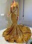 Sparkle Sequined Long Sleeves Mermaid Gold Prom Dresses with Long Train