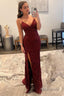 Sparkly Dark Red Sequins Long Prom Dress with Slit Formal Evening Dresses