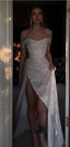 Sparkly Ivory Mermaid Off Shoulder High Slit Cheap Long Formal Prom Dresses