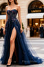 Sparkly Navy Blue Corset Sweetheart Long Formal Prom Dresses with Appliques