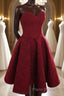 Strapless Backless Burgundy Lace Short Formal Prom Dress, Short Burgundy Lace Homecoming Dress
