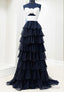 Strapless Chiffon Ruffle Long Prom Dress with Keyhole in Bodice
