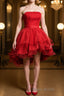 Strapless High Low Red Lace Formal Prom Dress, High Low Red Homecoming Dress, Short Red Lace Formal Graduation Evening Dress