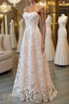 Strapless Pink Lace Long Formal Prom Dresses, Pink Lace Formal Graduation Evening Dresses